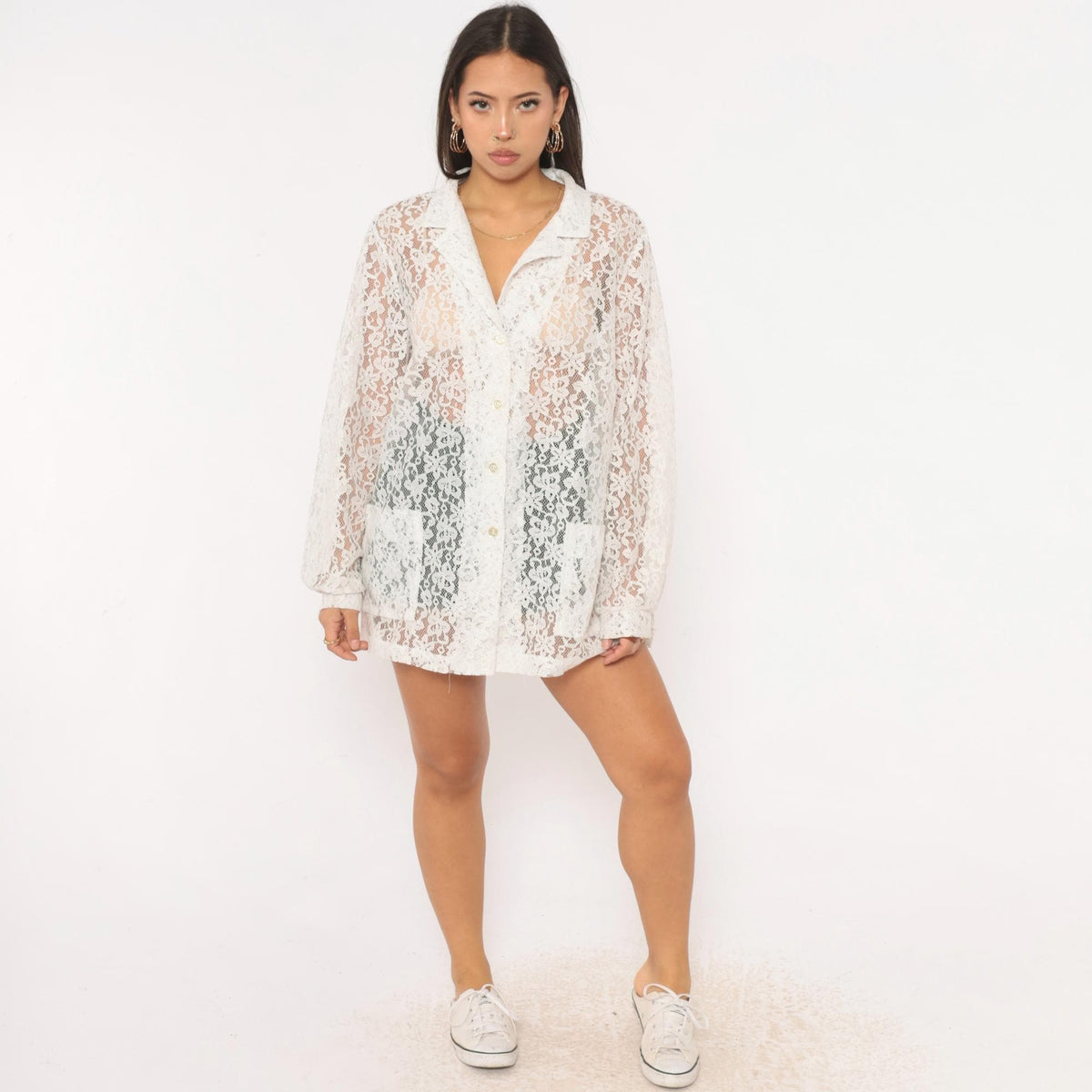 90s White Lace Blouse Sheer Floral Button Front Long Sleeve Patch Pocket Large