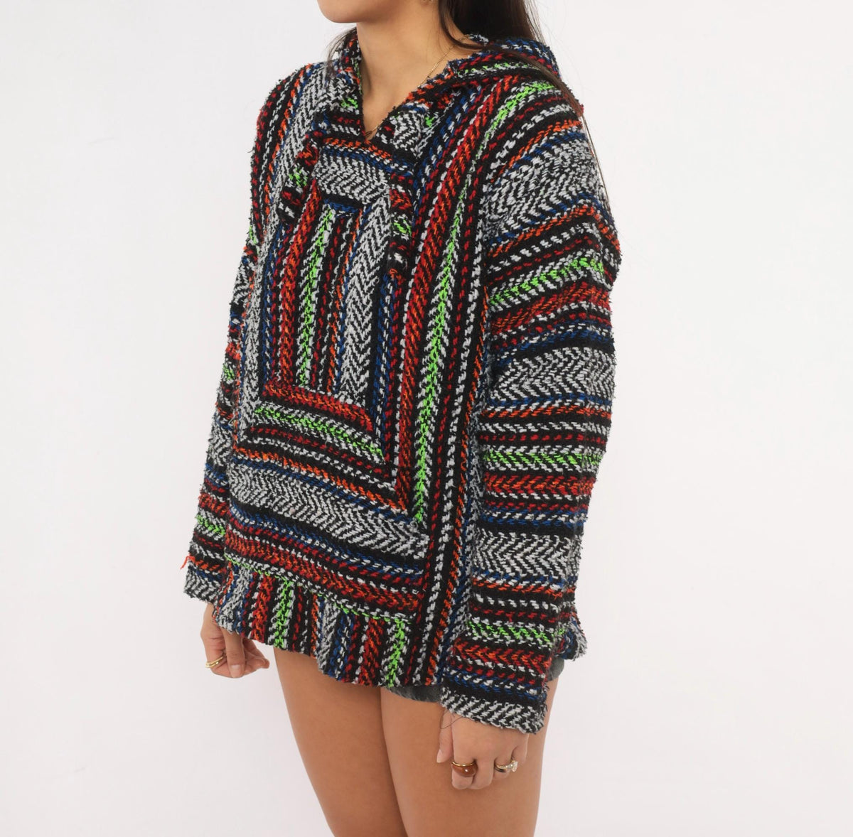 90s Earth Ragz Baja Hoodie Striped Black White Neon Green Small