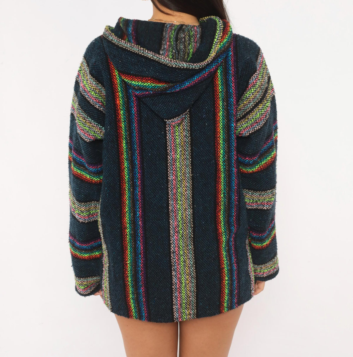 90s Navy Baja Hoodie Rainbow Stripe Woven Pullover Kangaroo Pocket Medium