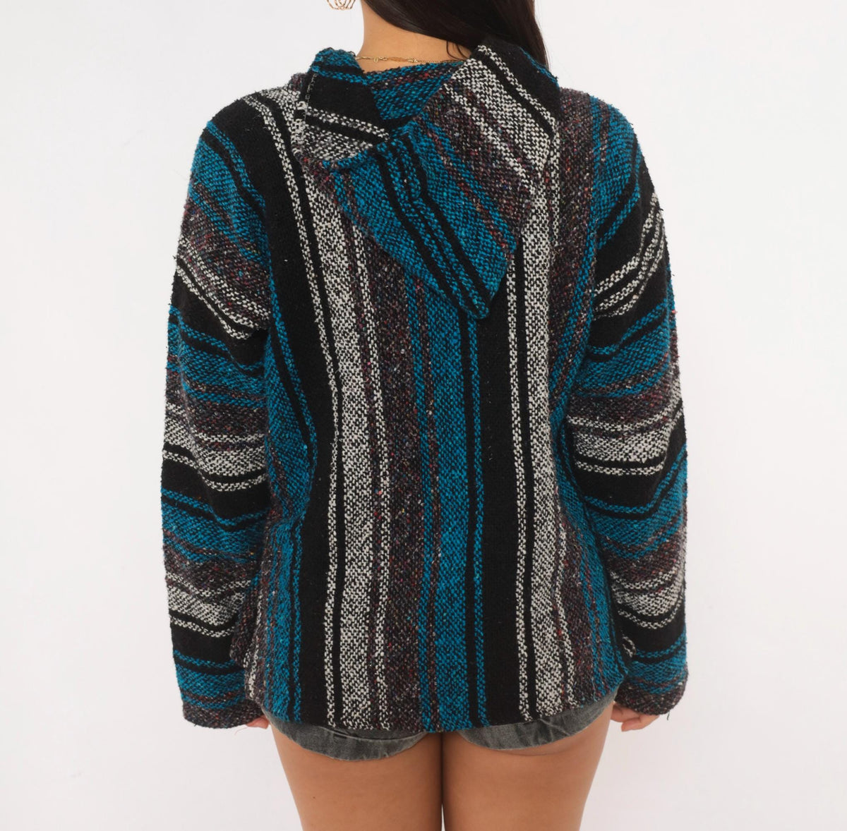 90s Sandy Baja Hoodie Black Teal Striped Woven Pullover Medium