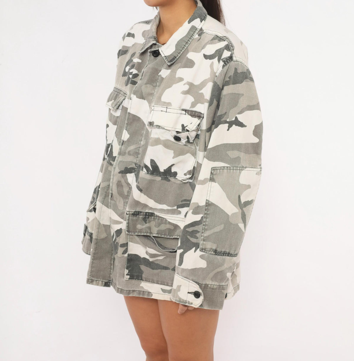 90s Camo Military Field Shirt White Grey Cotton Button Front Medium