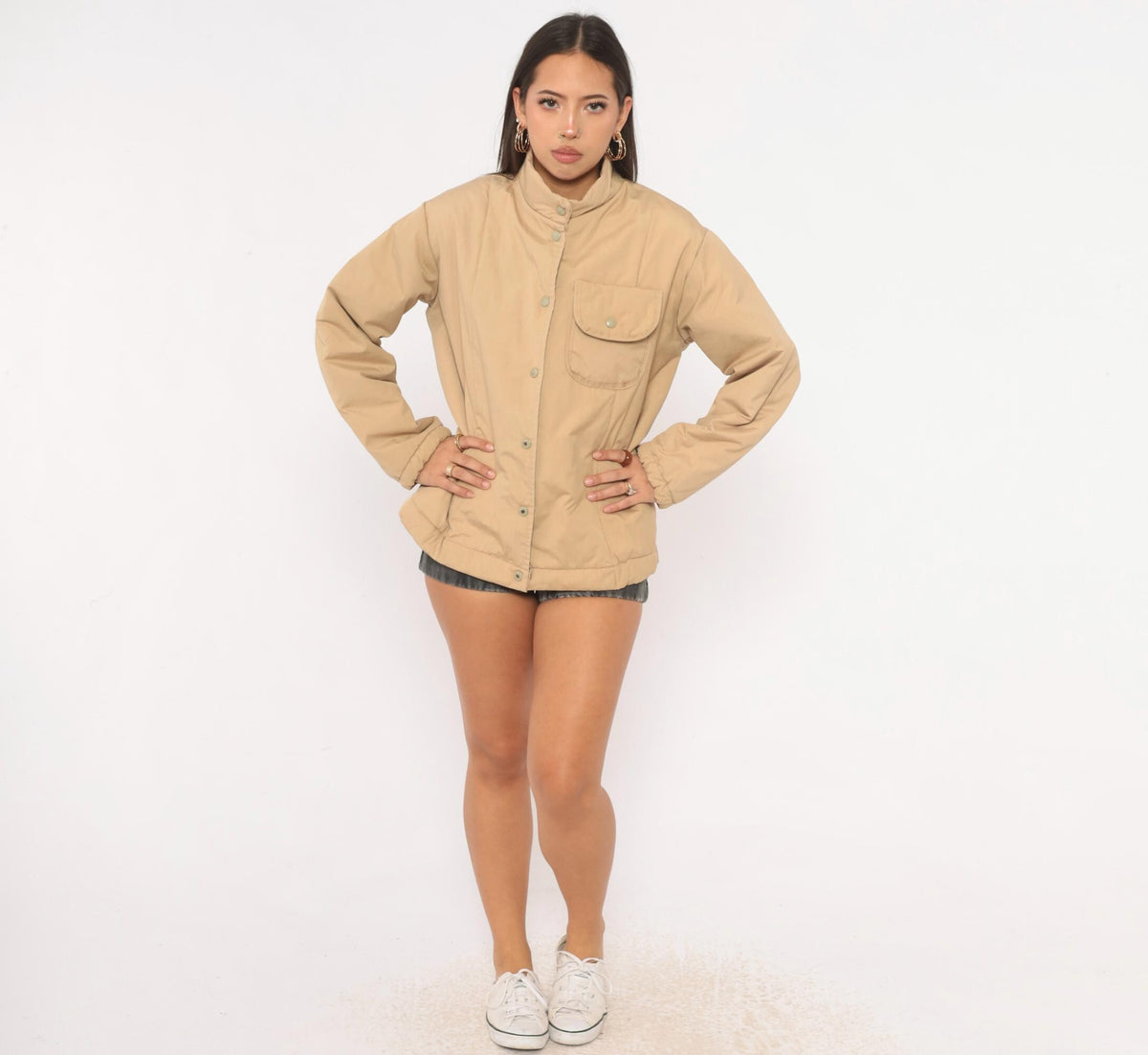 80s Avon Beige Snap Front Insulated Jacket Navy Lined Small