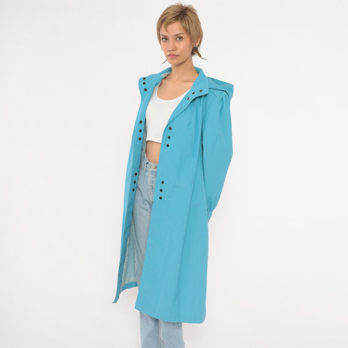 70s Blue Hooded Raincoat Snap Front Trench Puff Sleeve Medium