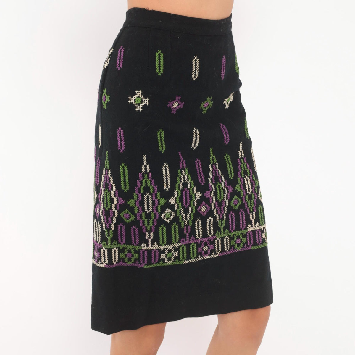 60s Black Wool Embroidered A-Line Skirt Purple Green Cross Stitch Extra Small XS