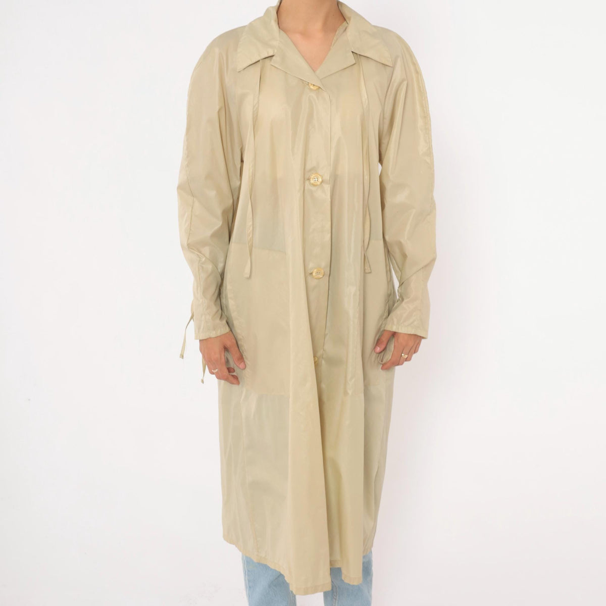 80s Aqua Sheen Cream Nylon Trench Coat Pointed Collar Midi Length Medium M