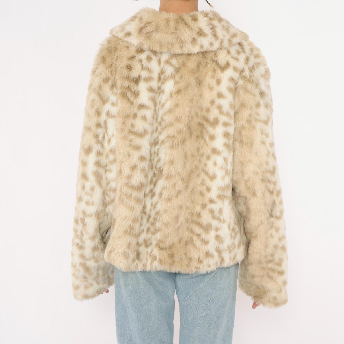 Y2K Relativity Faux Fur Jacket Cream Leopard Print Wide Collar Large L
