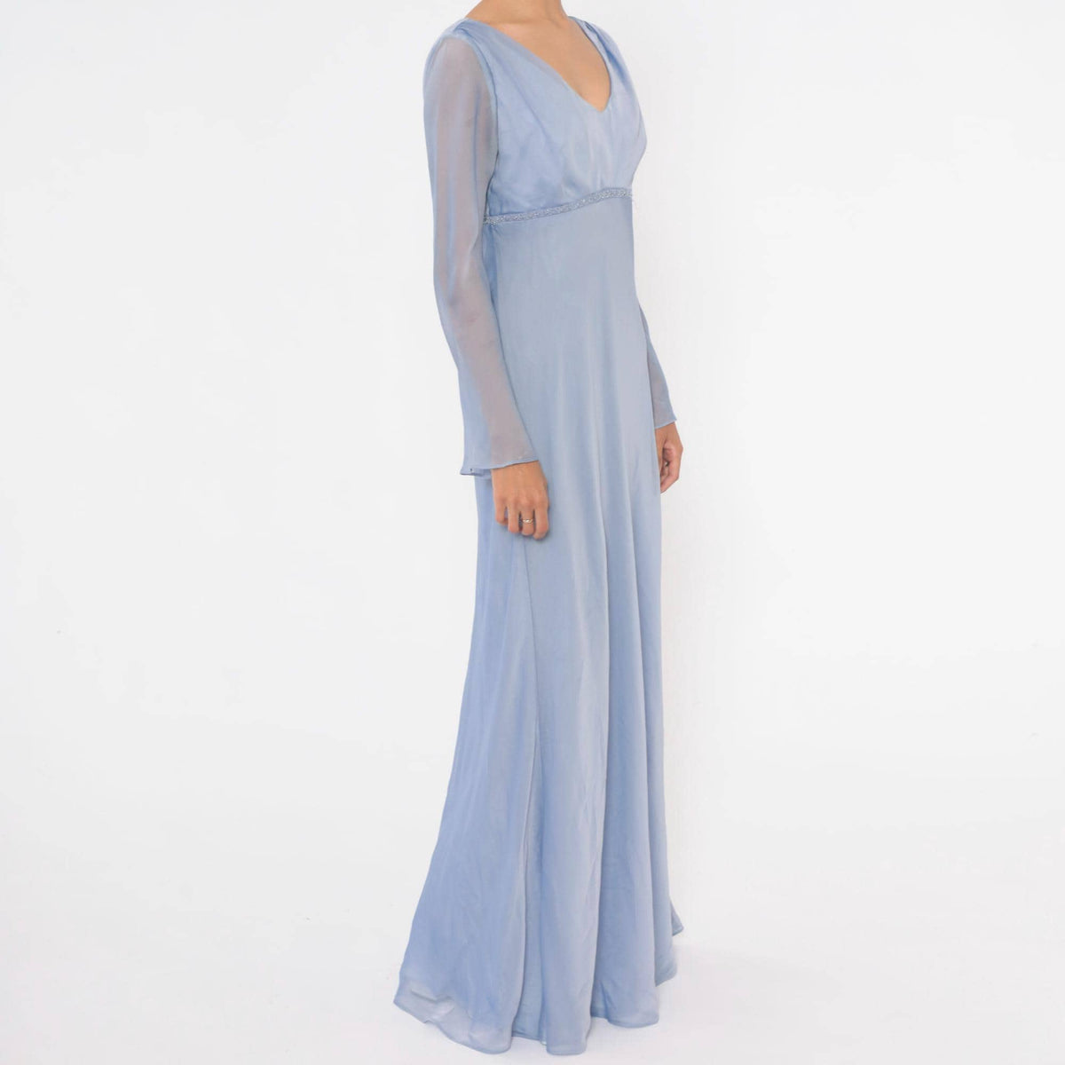 90s Michaelangelo Periwinkle Maxi Dress Empire Waist Beaded V Neck Small