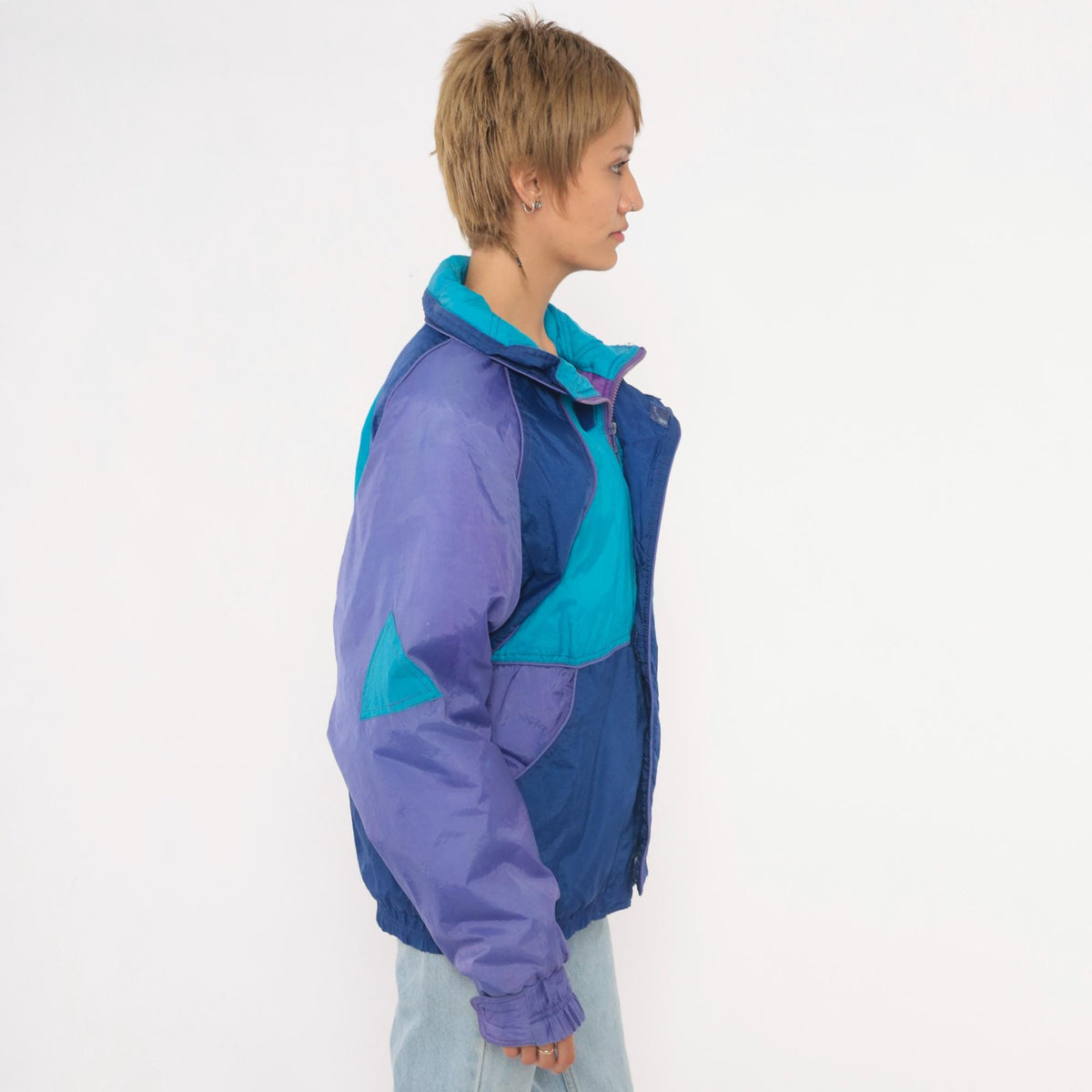 90s EZ Color Block Windbreaker Jacket Blue Purple Teal Quilted Small