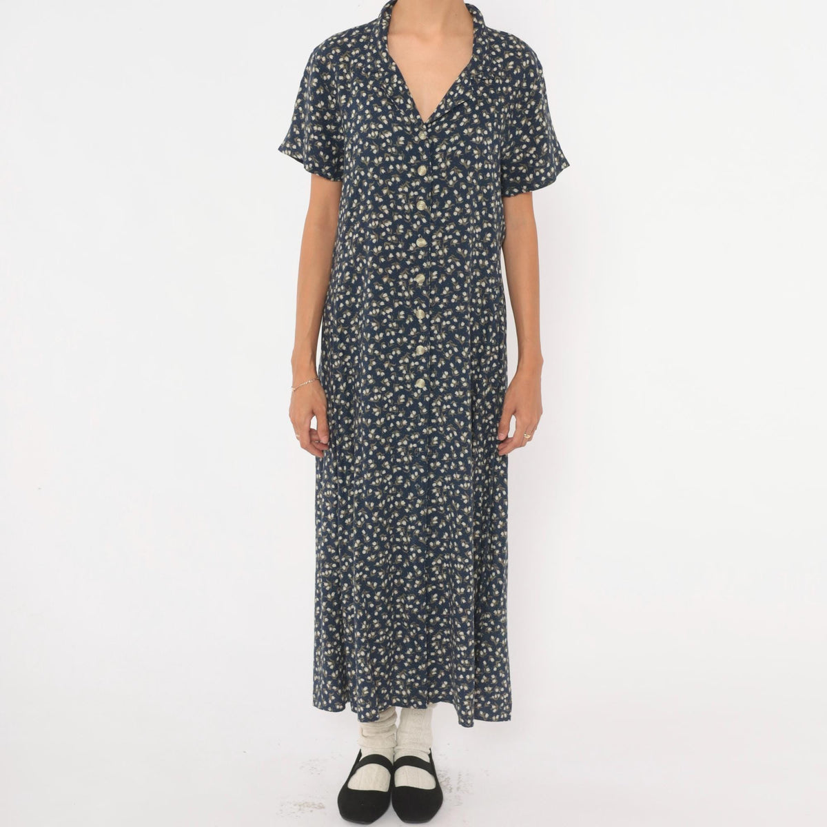 90s Chico's Design Navy Floral Midi Shirt Dress Pearl Buttons Medium M