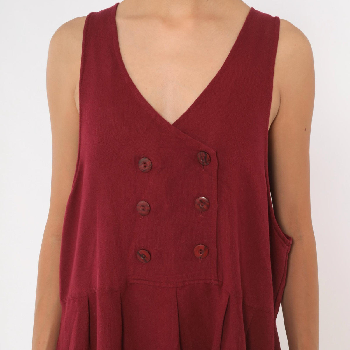 90s Burgundy Maxi Pinafore Dress V Neck Double Breasted Sleeveless Medium M