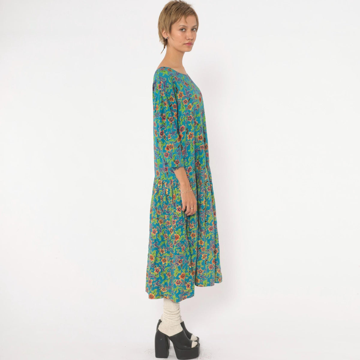 80s Passports Floral Midi Dress Teal Drop Waist Pockets Large L