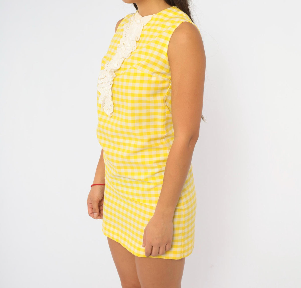 60s Yellow Gingham Eyelet Lace Shift Dress Sears Jr Bazaar Cotton XS