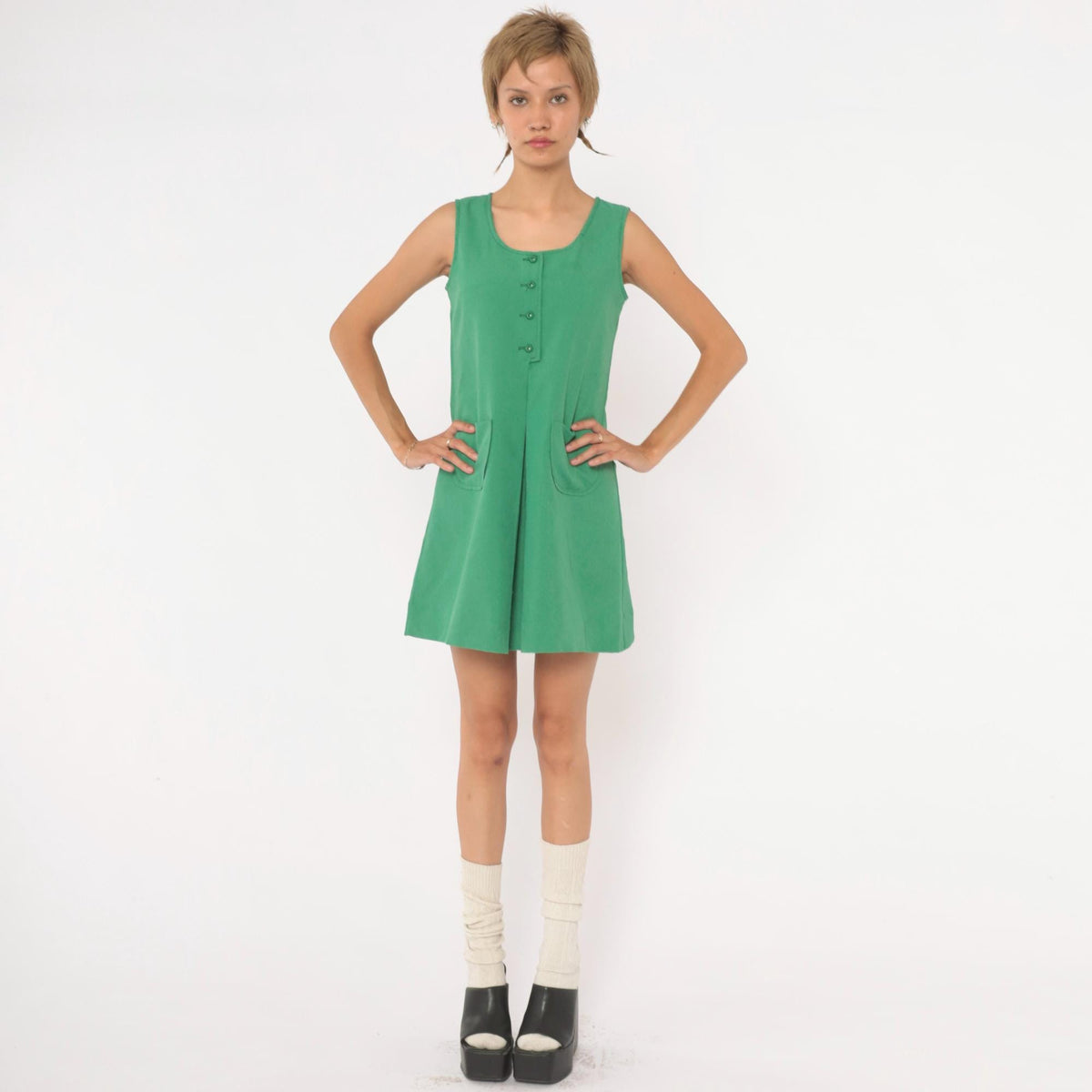 80s Kelly Green Mini Dress Sleeveless A-Line Shift Scoop Neck Extra Small XS