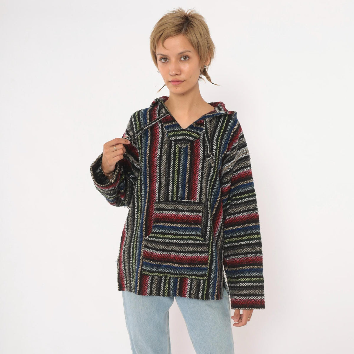 90s Artesanias Cuamatz Baja Hoodie Black Rainbow Stripe Woven Pullover Large L