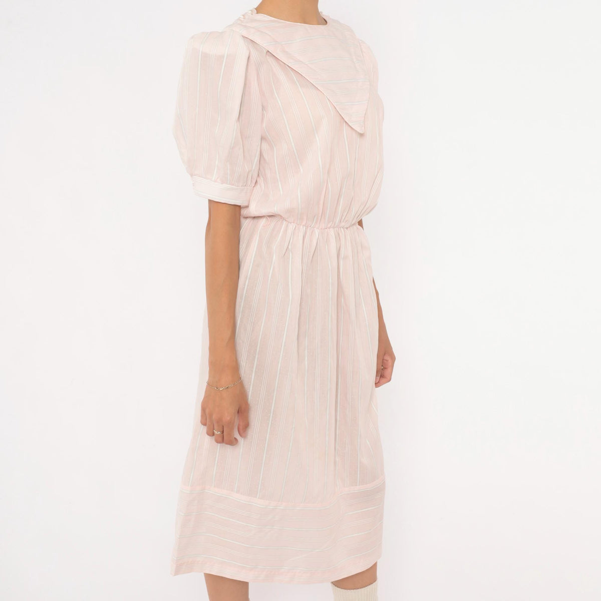 80s Pink Striped Midi Dress Puff Sleeve Sailor Collar Cotton Small