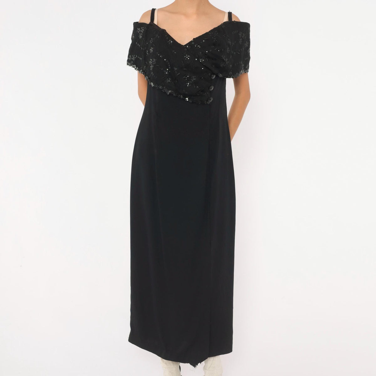 90s J. R. Nites Black Sequin Maxi Dress Off-Shoulder Floral Embroidered Collar Large L