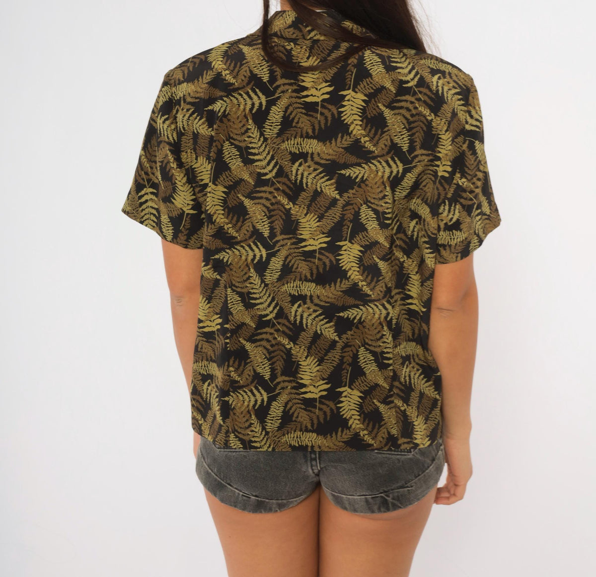 90s Joan Leslie Fern Print Camp Collar Shirt Black Olive Botanical Large L