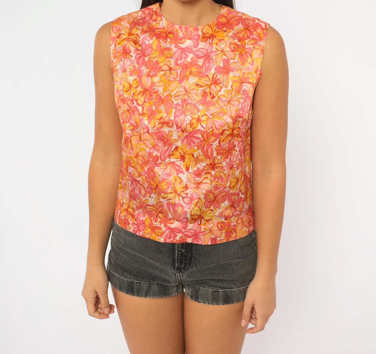 60s Butterfly Floral Sleeveless Blouse White Orange Pink Crew Neck Small