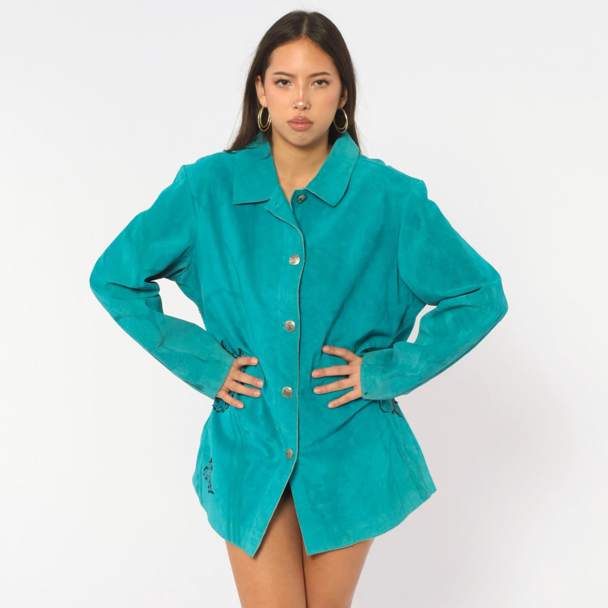 90s Chicos Turquoise Suede Jacket Beaded Butterfly Painted Back Large L