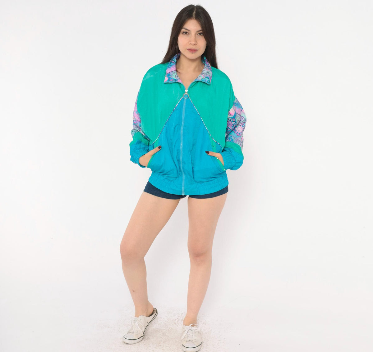 90s Otello Pelle Teal Windbreaker Geometric Color Block Jacket Medium