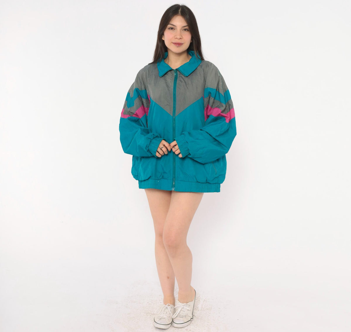 90s Pacific Sports Windbreaker Teal Blue Chevron Colorblock Jacket Large L
