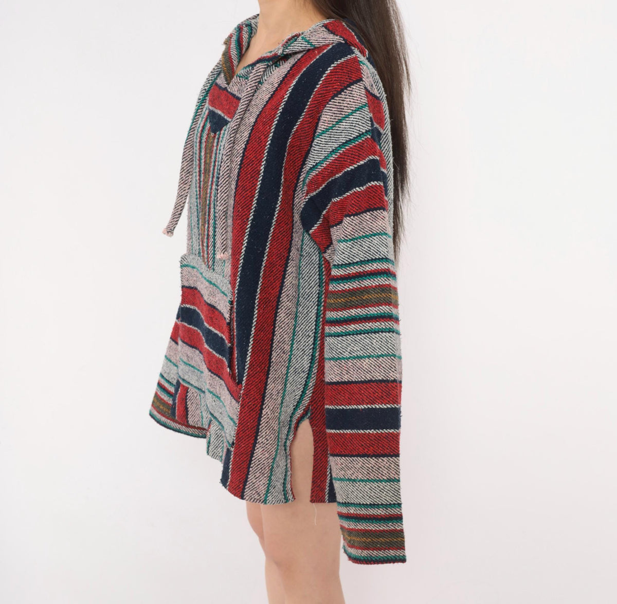 90s Baja Hoodie Red Navy Striped Woven Pullover Unisex Extra Large XXL