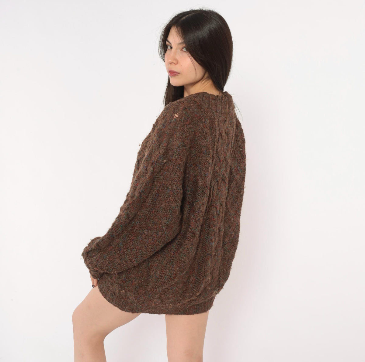 Tommy Hilfiger 90s Cable Knit Wool Sweater Brown Speckled Large