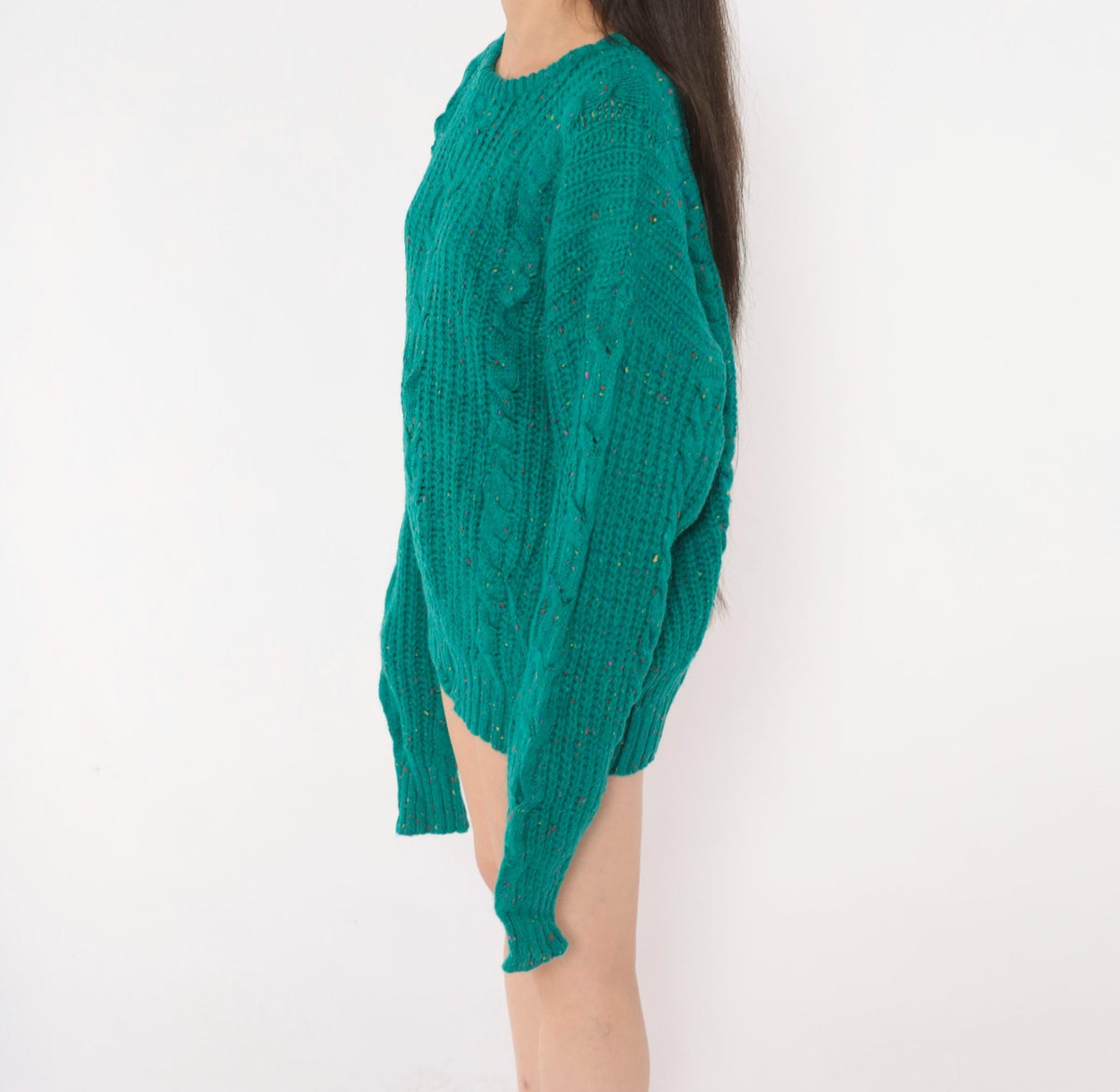 90s Cattivo Teal Cable Knit Wool Sweater Multicolor Speckled Crewneck Extra Large