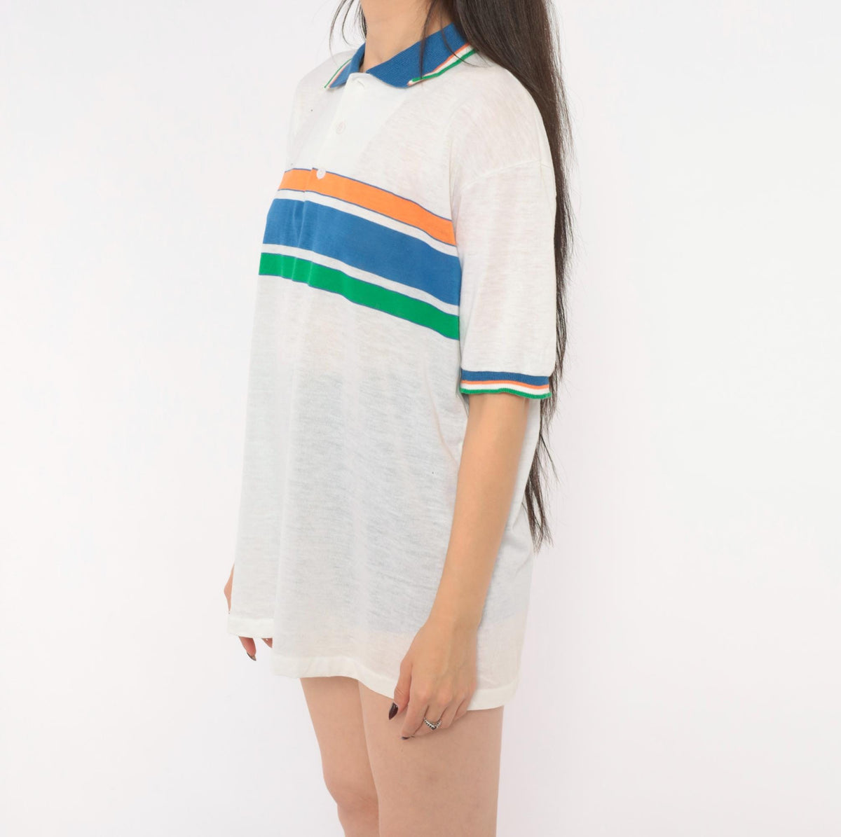 80s Robert Bruce Striped Polo Shirt White Blue Orange Green Extra Large