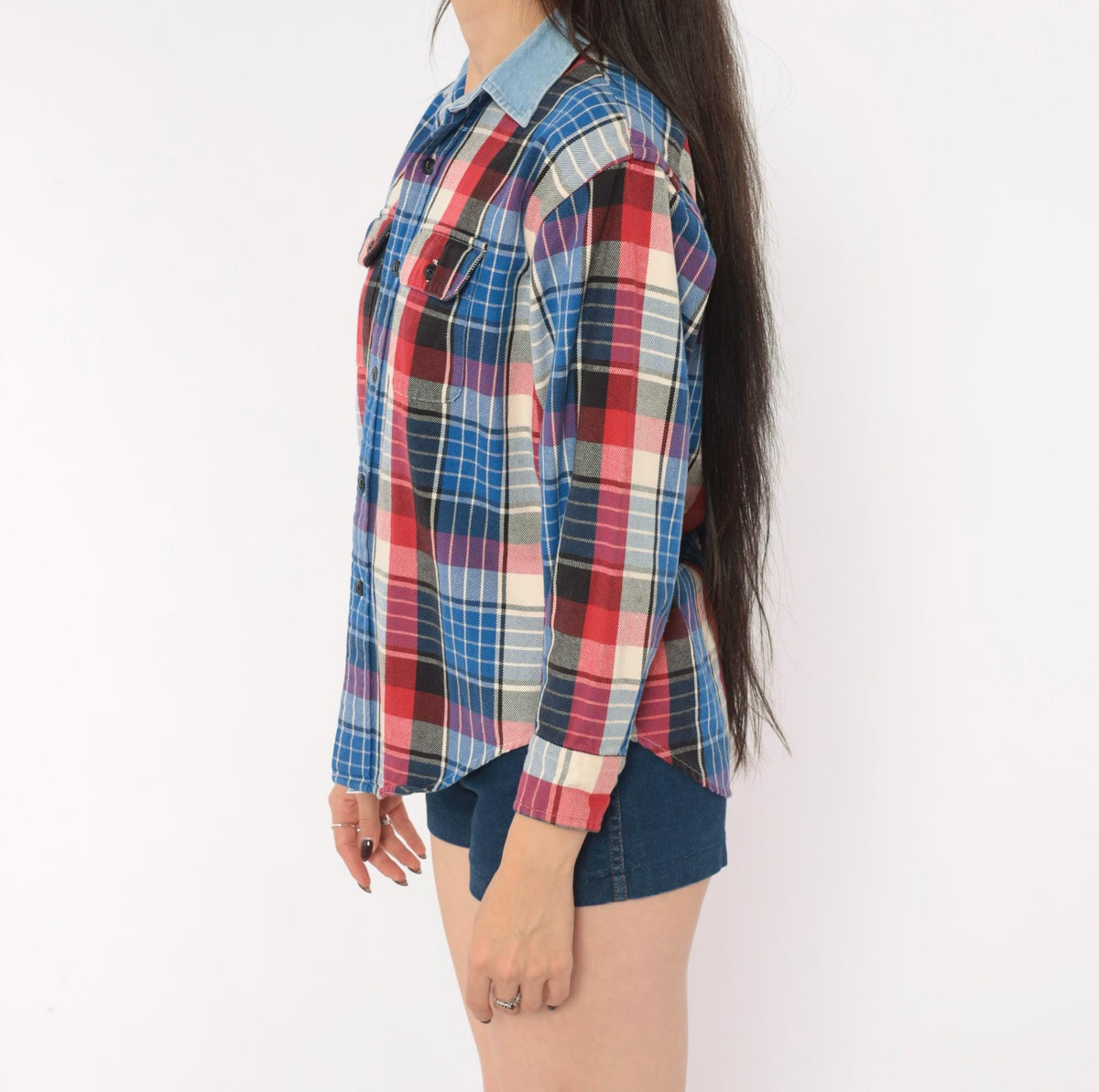 90s Plaid Flannel Shirt Blue Red Cotton Button-Up Small