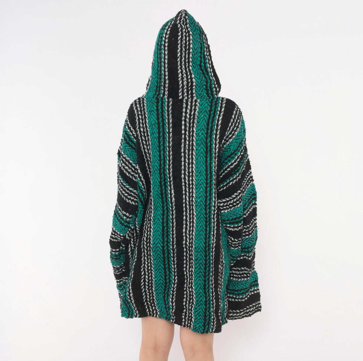 90s Baja Hoodie Black Teal Stripe Kangaroo Pocket V Neck Unisex Extra Large XXL