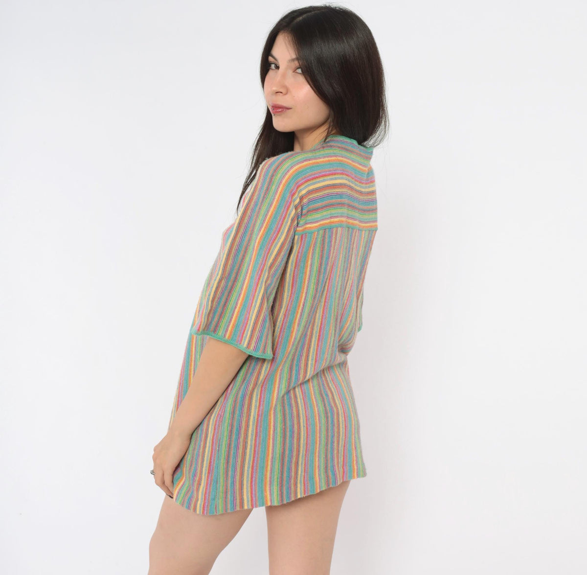 70s Key of Gee Rainbow Striped Knit Mini Dress V Neck A Line Extra Small
