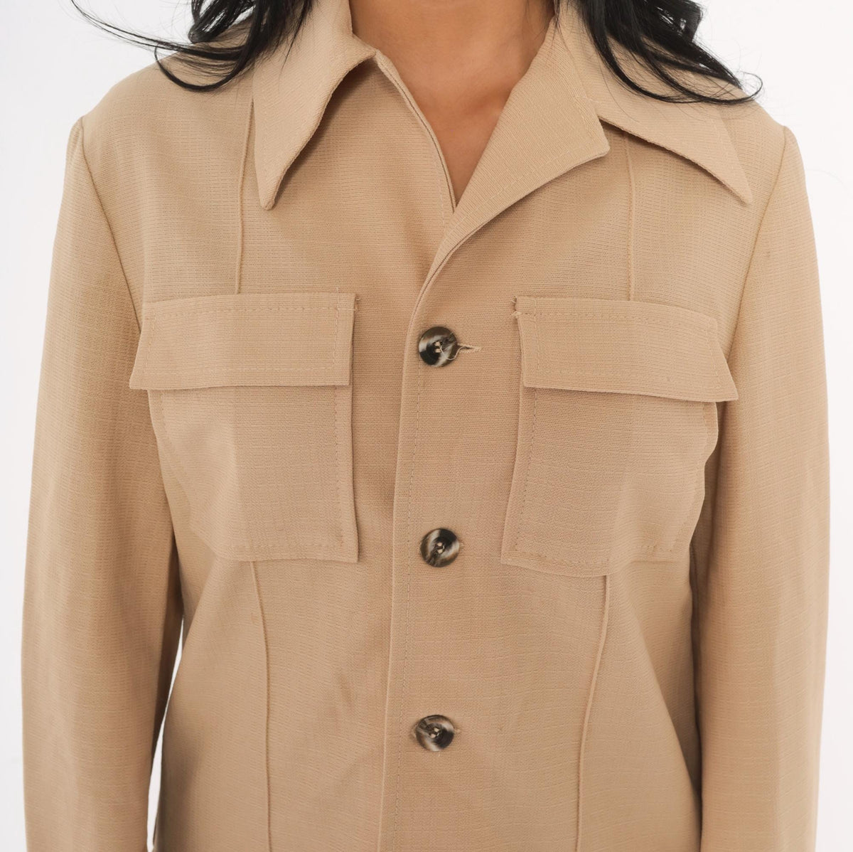 70s Haband Beige Button Front Jacket Pointed Collar Utility Shacket Medium M