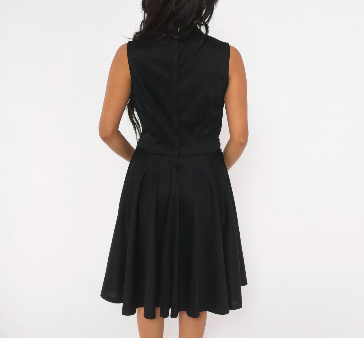 70s Black Mock Neck Sleeveless Dress Circle Skirt Knee Length Medium M