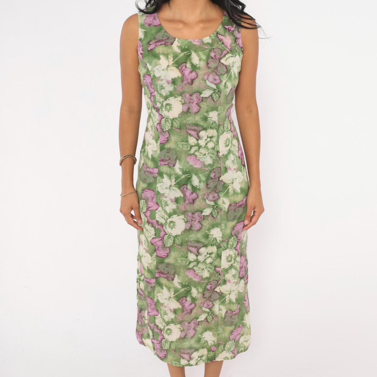 90s Caroline Wells Floral Midi Dress Green Purple Watercolor Small S
