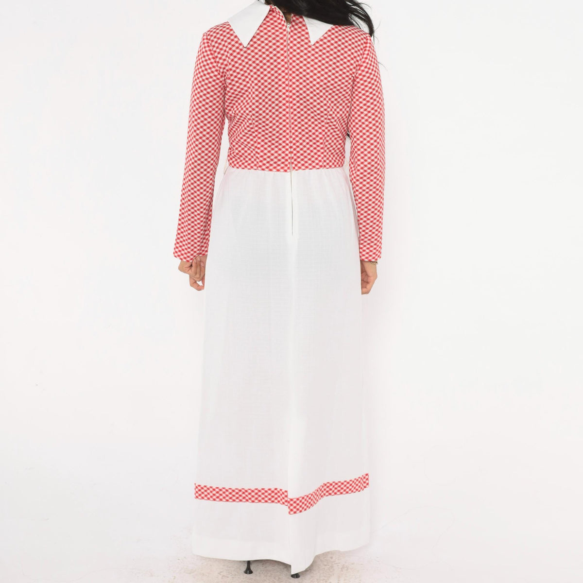 70s Miss Donna Gingham Maxi Dress Red White Check Pointed Collar Small