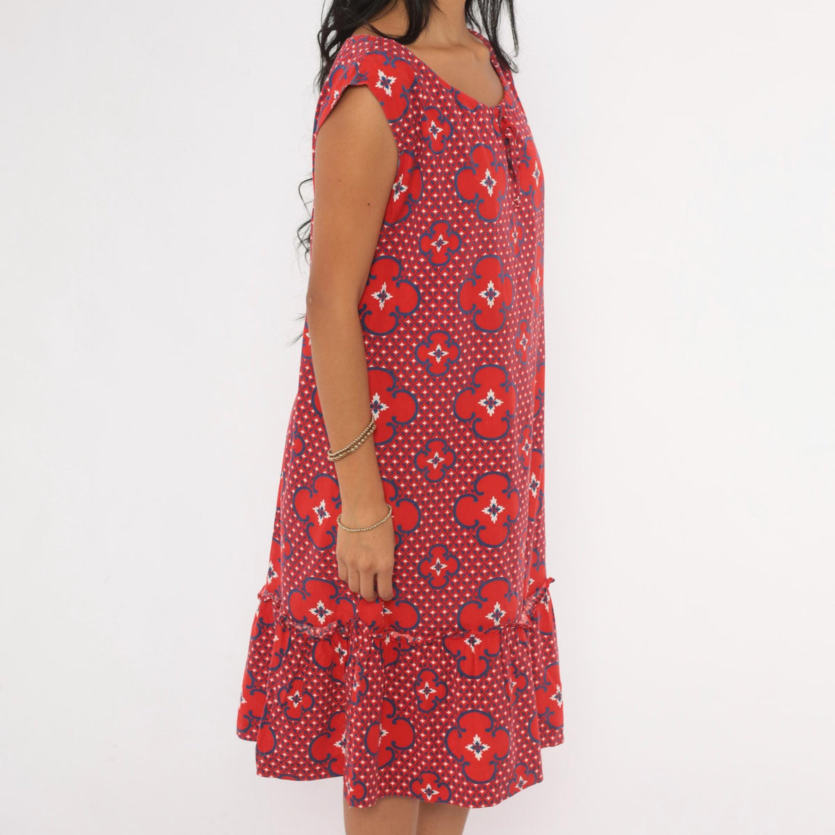 80s Red Floral Cotton Sundress Cobalt Geometric Print Drop Waist Cap Sleeve Large