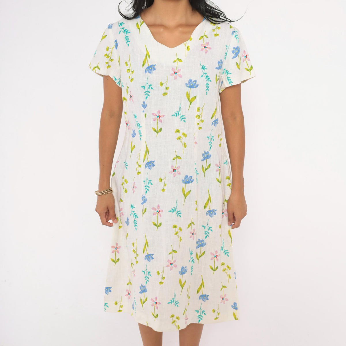 90s White Linen Floral Wildflower Dress V Neck Flutter Sleeve Knee Length Large L