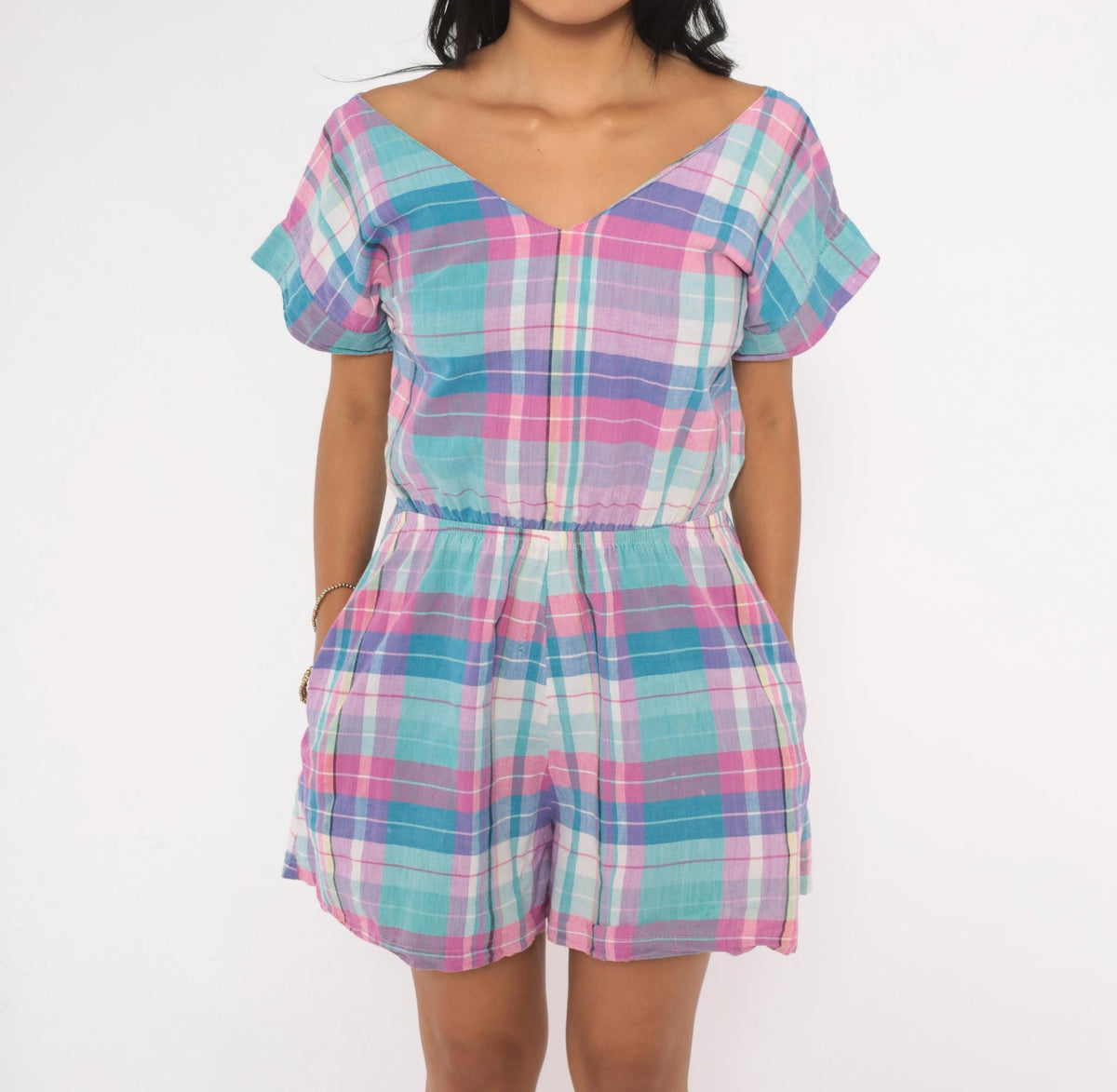 80s Hana Madras Plaid Romper Pink Blue Purple V Neck Tie Back Medium