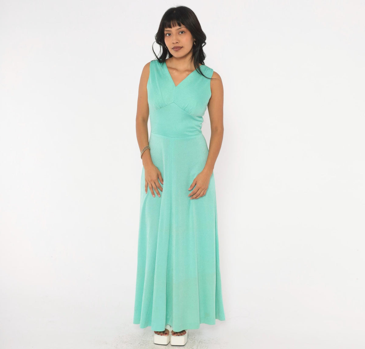 70s Mint Green Maxi Dress Sleeveless V-Neck Empire Waist A-Line Small