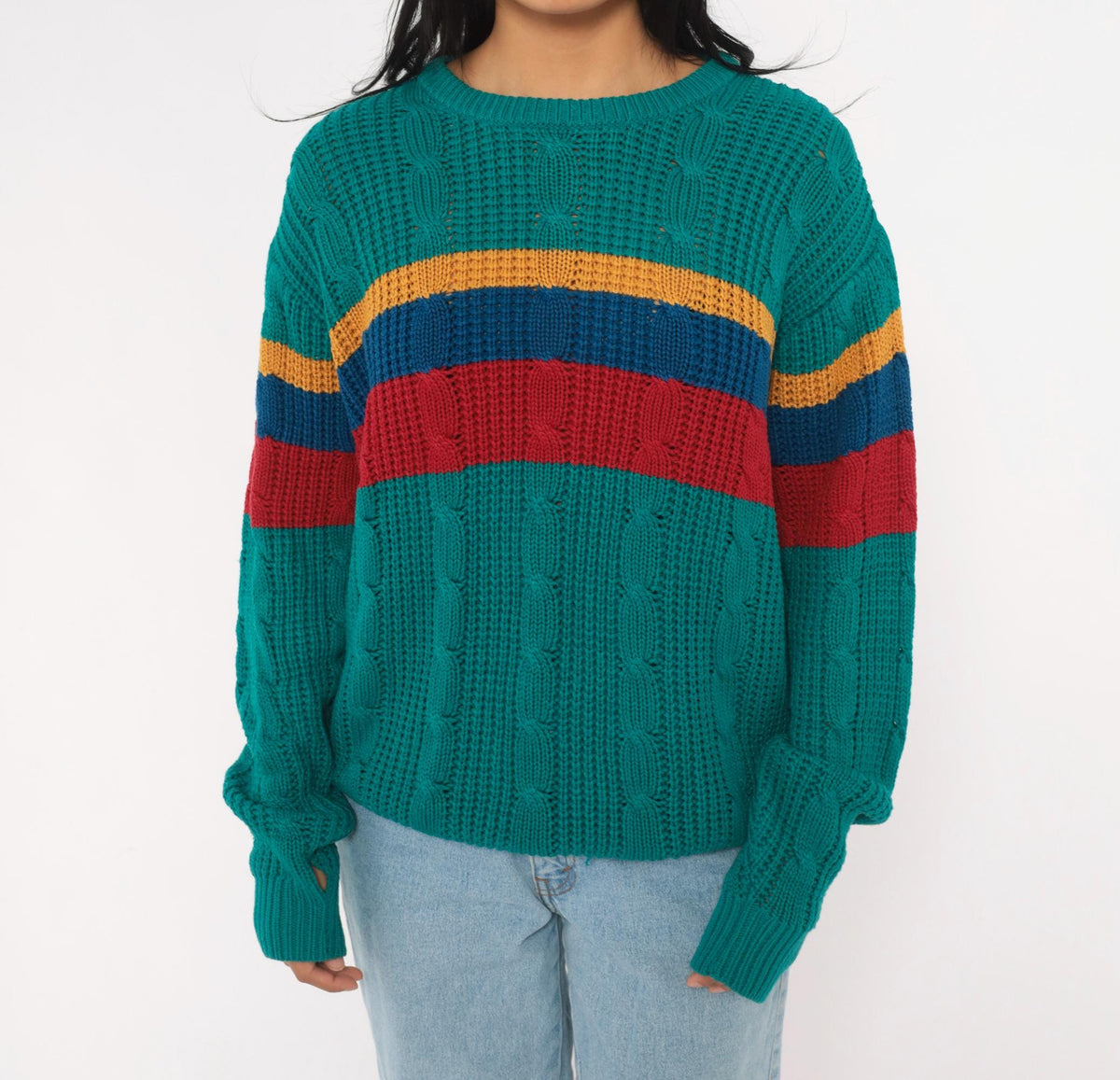 80s Teal Cable Knit Sweater Color Block Stripes Crew Neck Medium M