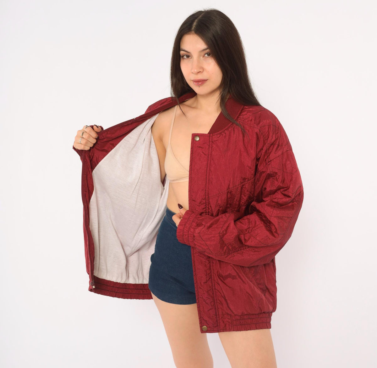 80s Burgundy Bomber Jacket Nylon Windbreaker Snap Collar Lined Large L