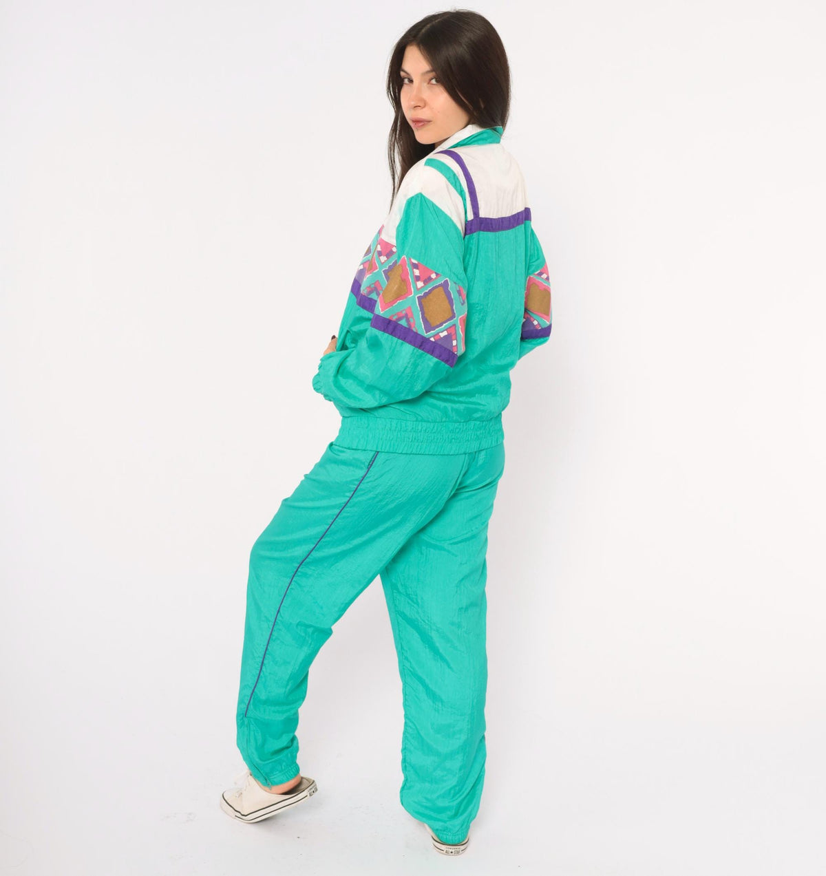 90s PS Sport Teal Tracksuit Set Windbreaker Jacket Jogger Pants Geometric Diamond Print Small