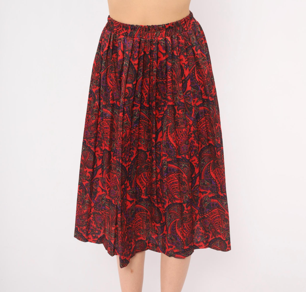 90s Paisley A-Line Skirt Red Black Purple Print Elastic Waist Large L