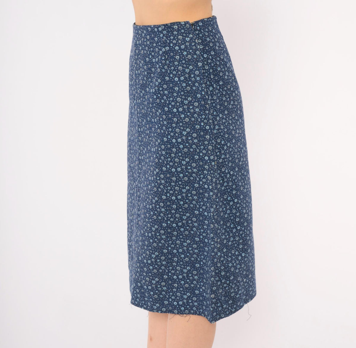 60s Navy Ditsy Floral Calico Cotton A-Line Skirt High Waist Extra Small