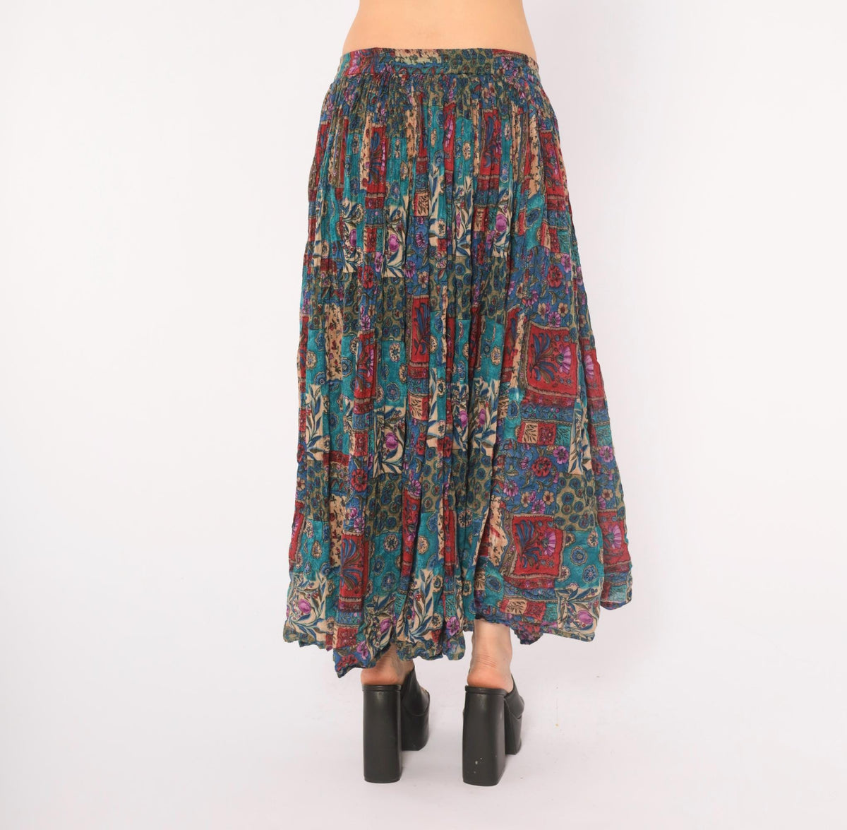 90s Alibaba Patchwork Floral Midi Skirt Drawstring Teal Blue Medium