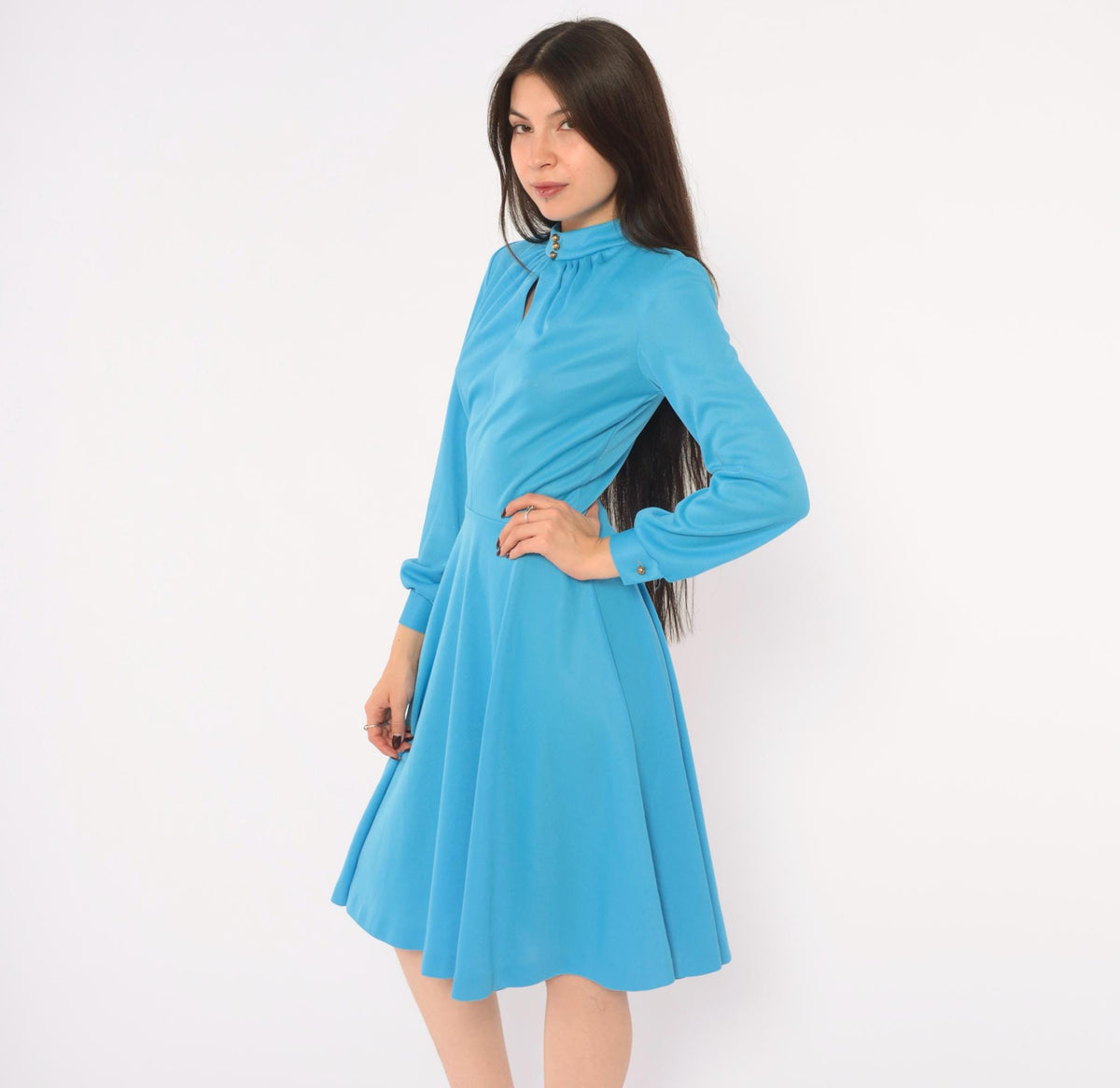 70s Sky Blue A-Line Dress Long Sleeve Keyhole Gold Buttons Small S