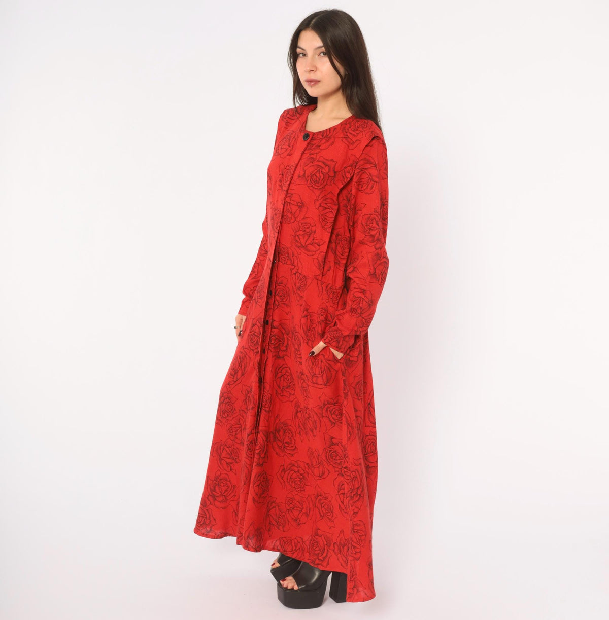 80s Red Rose Print Linen Dress Black Floral Ankle Length Button Front Medium