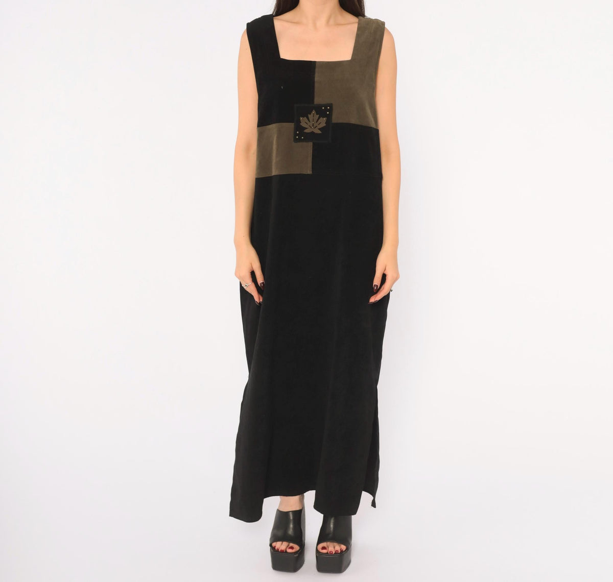 80s Jaclyn Smith Black Olive Color Block Maxi Dress Leaf Applique Extra Large XXL