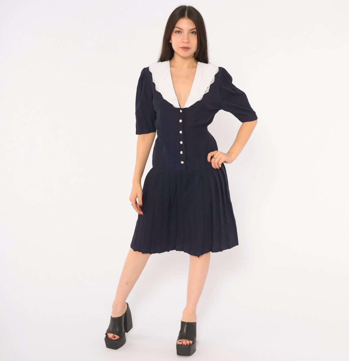 90s Navy Lace Collar Dress White Pearl Buttons Puff Sleeve Pleated Skirt Small